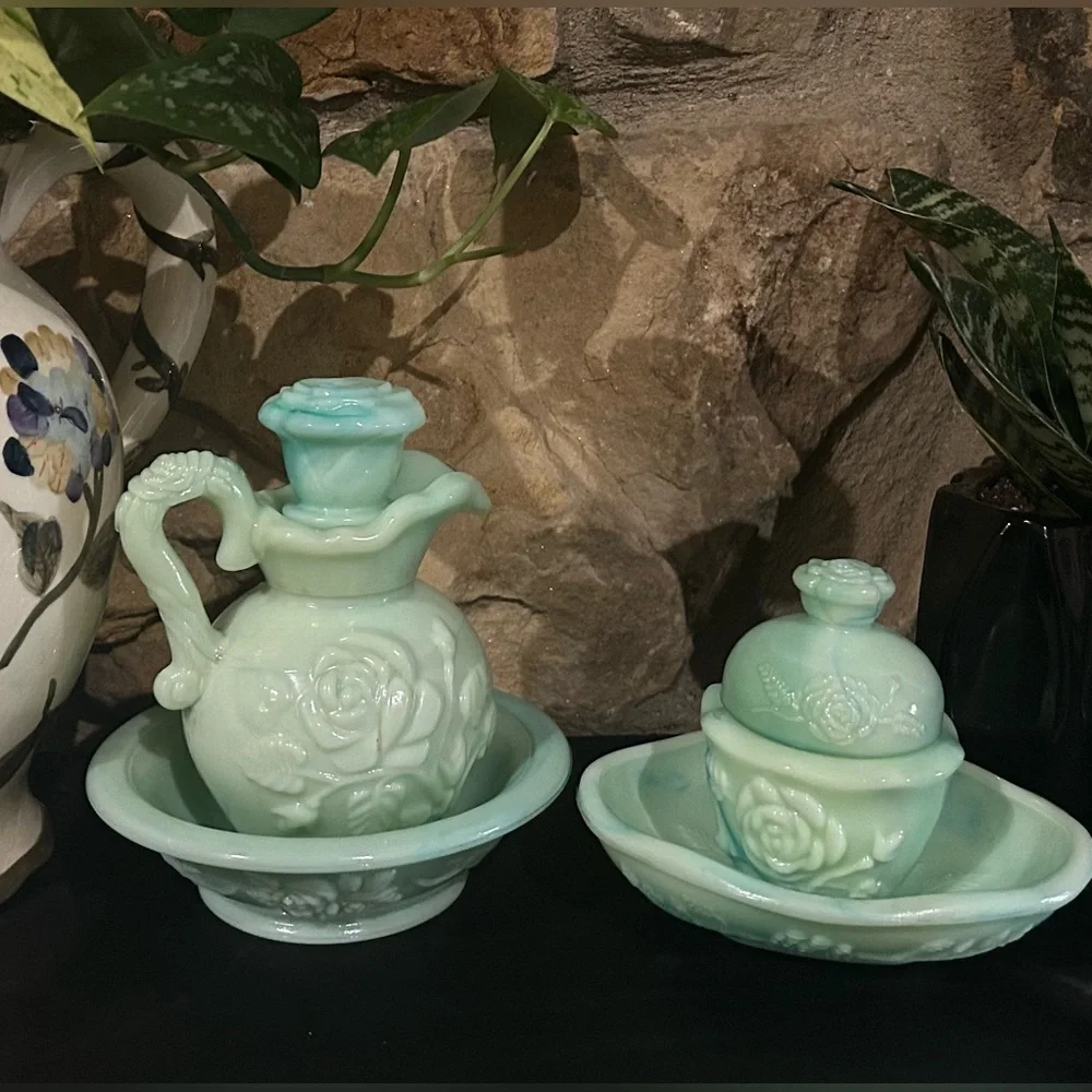 Vintage Avon Jadeite Moonwind Bubble Bath Bottle and Powder Sachet Container Set - Picture 2 of 6